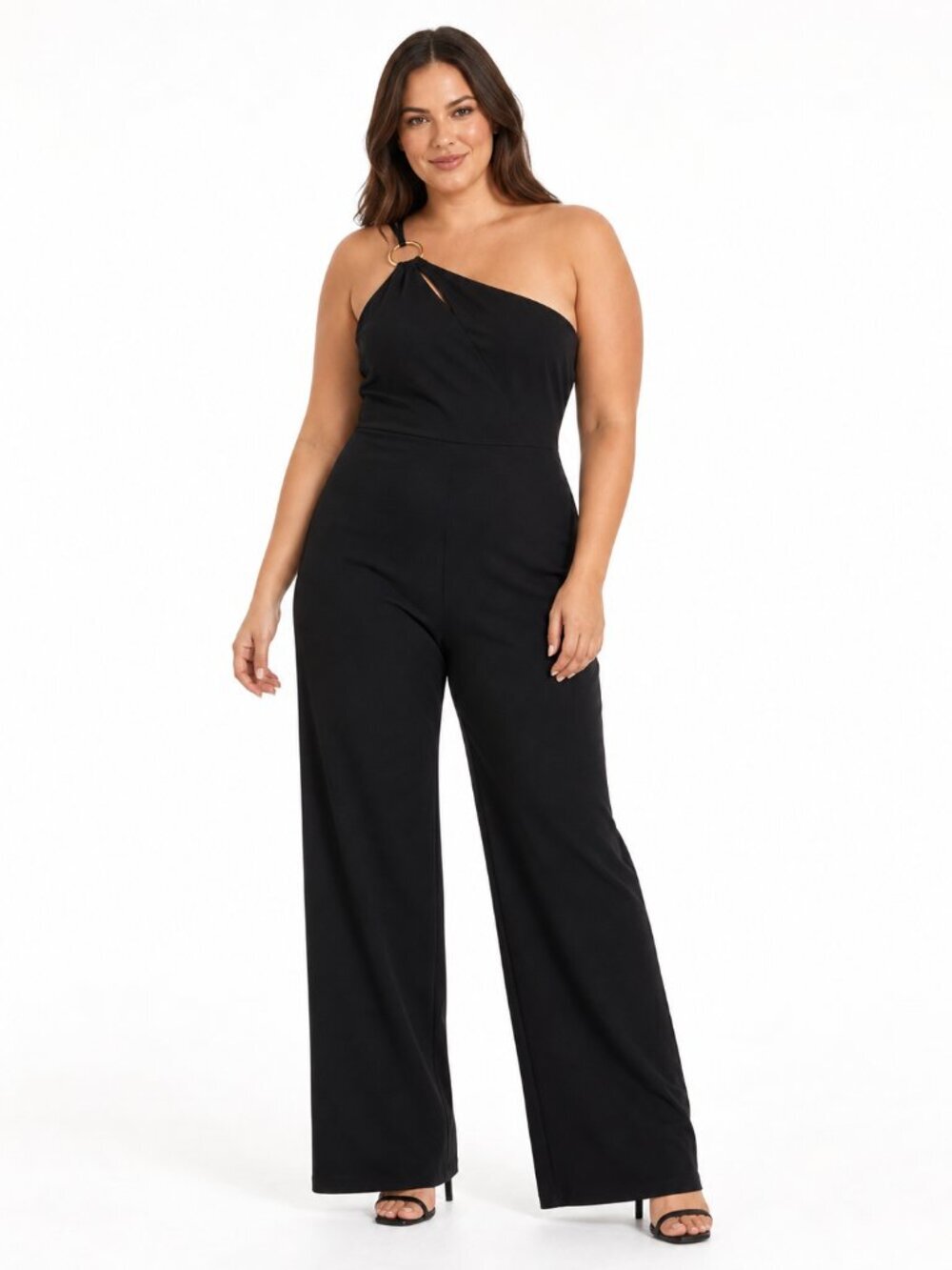 Line & Dot Vaughn One Shoulder Black Jumpsuit Ring Detail Size L